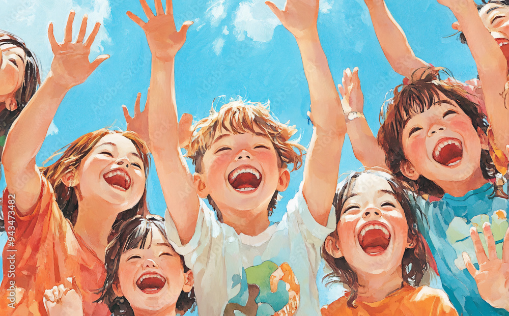 Joyful Childhood Memories: Happy Kids Playing Together in a Vibrant Illustration of Friendship and Community Joyful Childhood Memories: Happy Kids Playing Together in a Vibrant Illustration of Friendship and Community