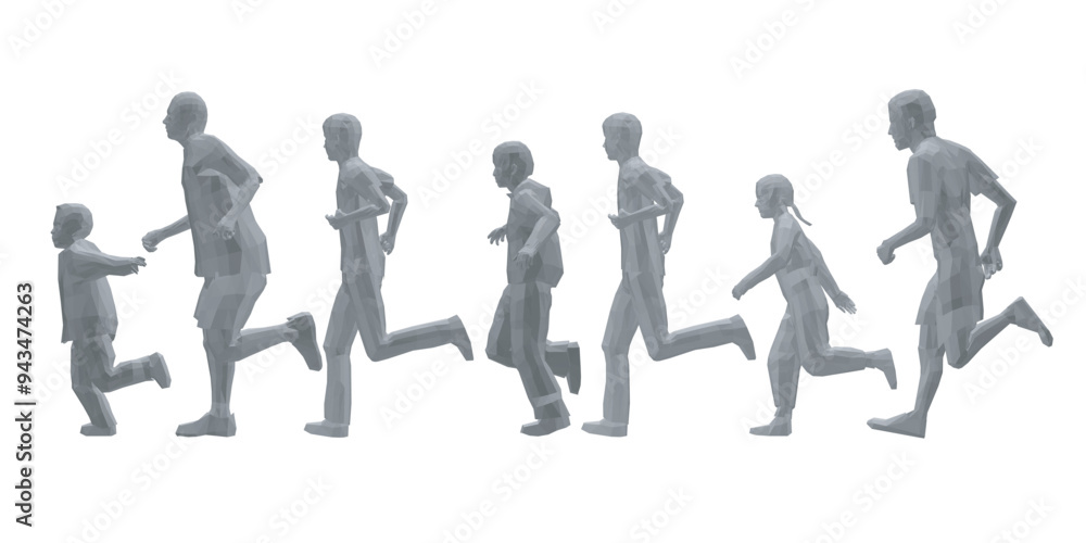 Polygonal model of running people isolated on white background. Men, women and children running. Side view. Vector illustration. 3D Polygonal model of running people isolated on white background. Men, women and children running. Side view. Vector illustration. 3D