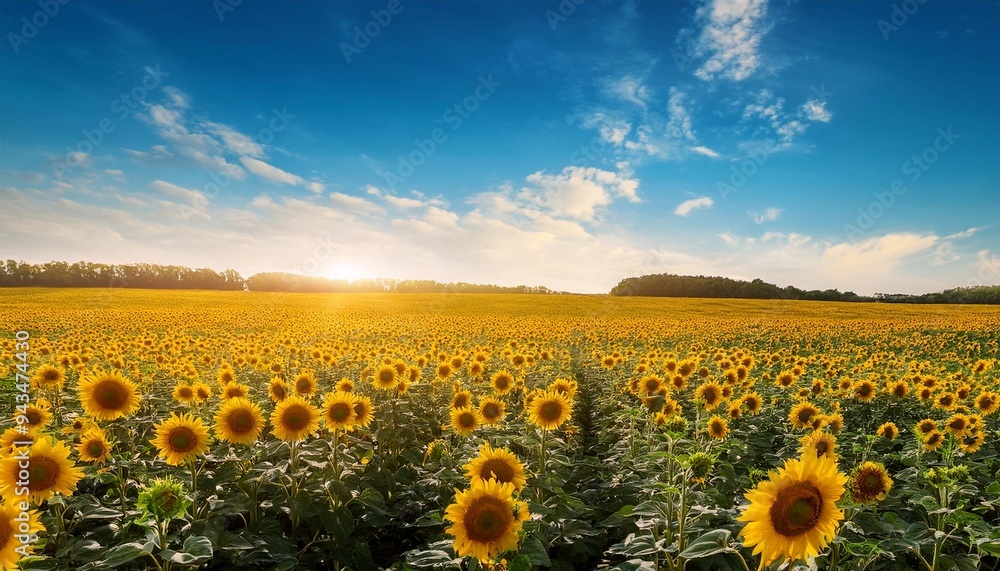 Obraz premium beautiful day over sunflowers field panorama shot