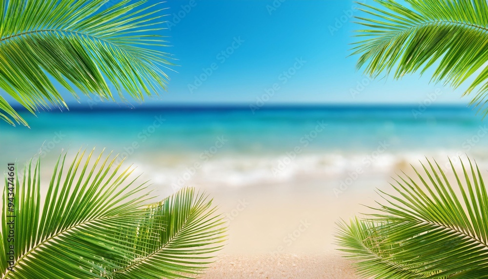 bright summer beach banner background with coconut palm tree leaves at borders bright summer beach banner background with coconut palm tree leaves at borders
