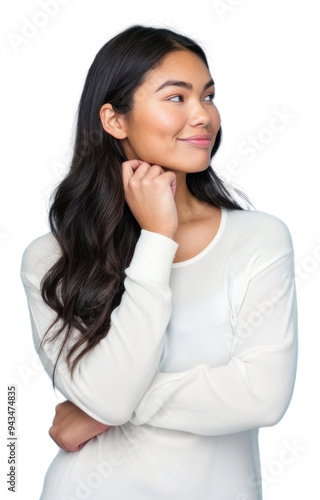 PNG Native american woman thinking an idea with a smile while look to other side portrait photo head.