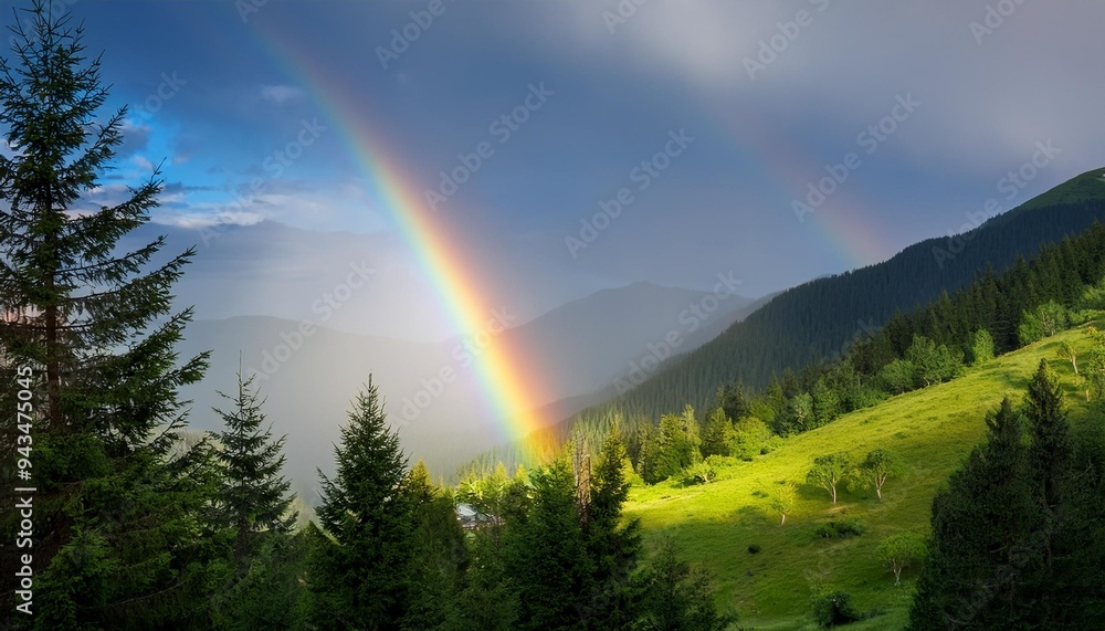 a rainbow glows vividly in the sky above a wooded landscape nestled at the foot of a cloud veiled mountain trees line the slope s side a rainbow glows vividly in the sky above a wooded landscape nestled at the foot of a cloud veiled mountain trees line the slope s side