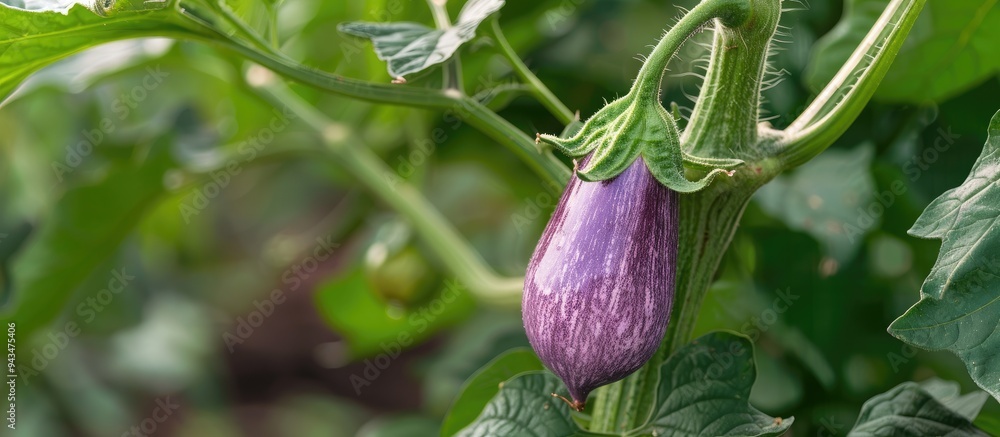 Backyard kitchen garden with blooming brinjal violet flower close up of eggplant flower amidst fresh green foliage stems and flowering plants with copy space image Backyard kitchen garden with blooming brinjal violet flower close up of eggplant flower amidst fresh green foliage stems and flowering plants with copy space image