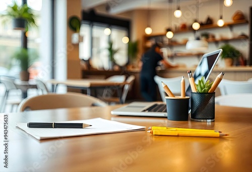 Close up view of co-working space table at cafe with laptop, stationery and blurry cafe interior in the background, ai