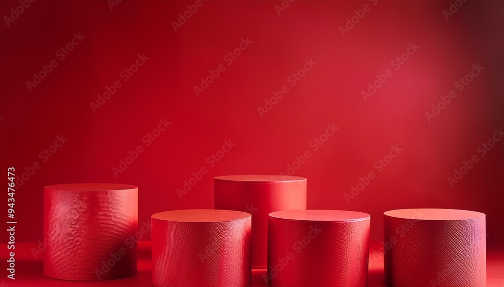 four red cylindrical podiums on a red background minimalist design for product display or presentation four red cylindrical podiums on a red background minimalist design for product display or presentation