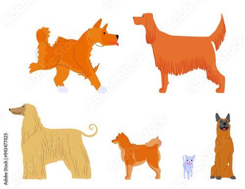Various Dog Breeds, Each In Different Pose Isolated On White Background. Cartoon Vector Image Showcases The Diversity