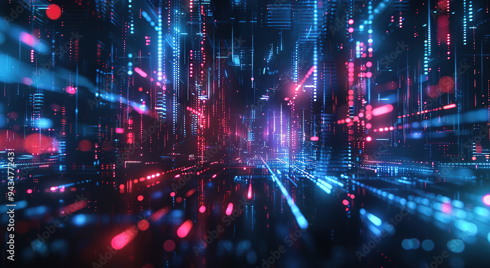 A futuristic cityscape with neon lights in blue and red house against a dark background. Concept of technology and cyberpunk urban landscape A futuristic cityscape with neon lights in blue and red house against a dark background. Concept of technology and cyberpunk urban landscape