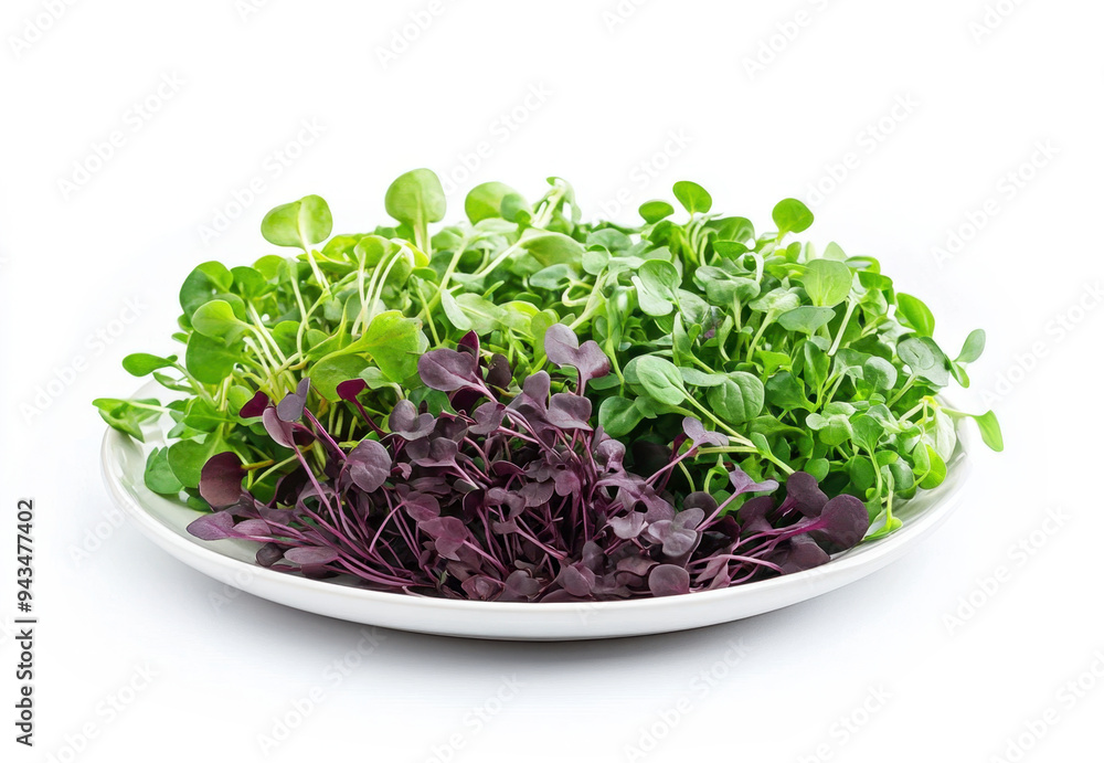 Plate with fresh green and purple microgreens, on a white background. Healthy eating and nutrition concept