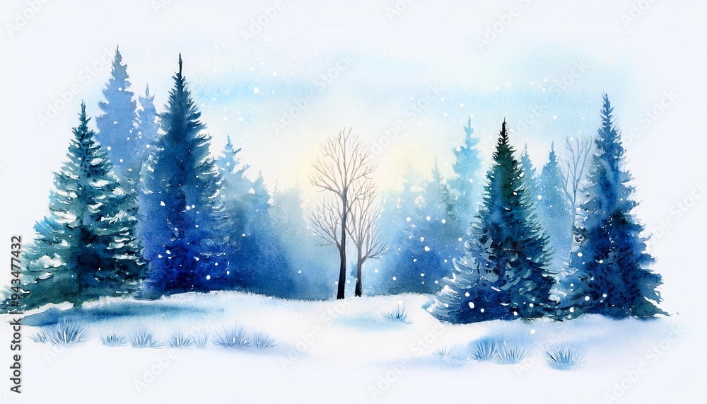 Naklejka premium watercolor illustration with winter wonderland forest ai generated
