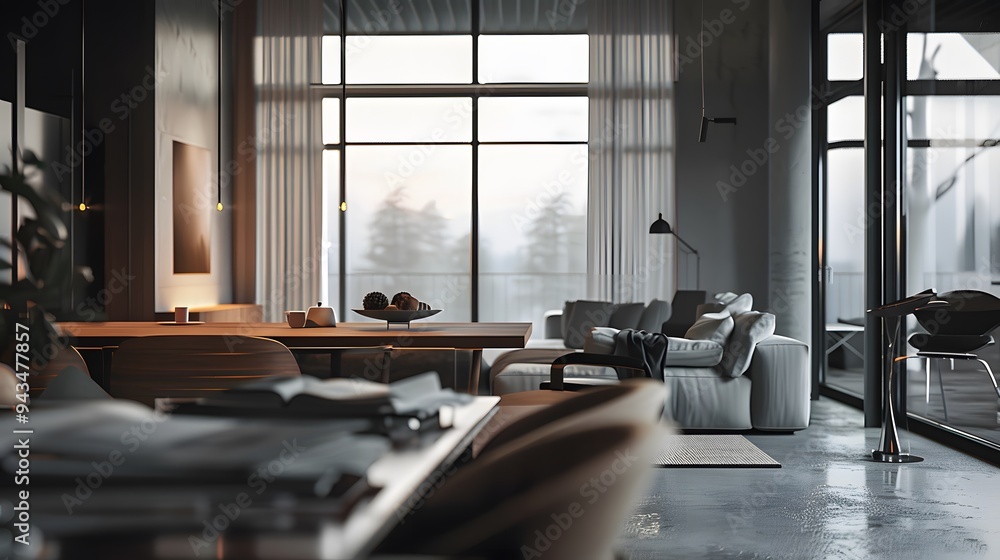 A modern spacious apartment room with big glass window and city view, modern luxurious designer apartment A modern spacious apartment room with big glass window and city view, modern luxurious designer apartment