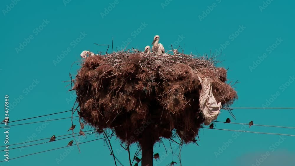 storks resting in their nest, sparrows flying around the stork's nest storks resting in their nest, sparrows flying around the stork's nest