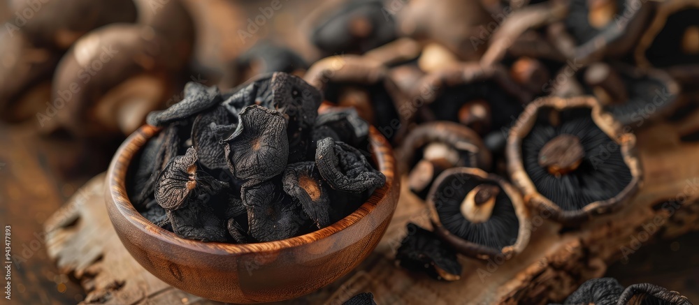 Dried black fungus mushrooms are a delicious snack placed on a table with a food background perfect for a copy space image Dried black fungus mushrooms are a delicious snack placed on a table with a food background perfect for a copy space image