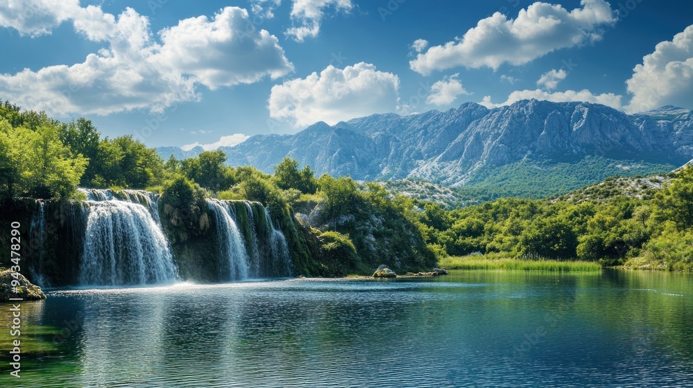 Fototapeta premium Serene Waterfall and Lake in a Mountainous Landscape
