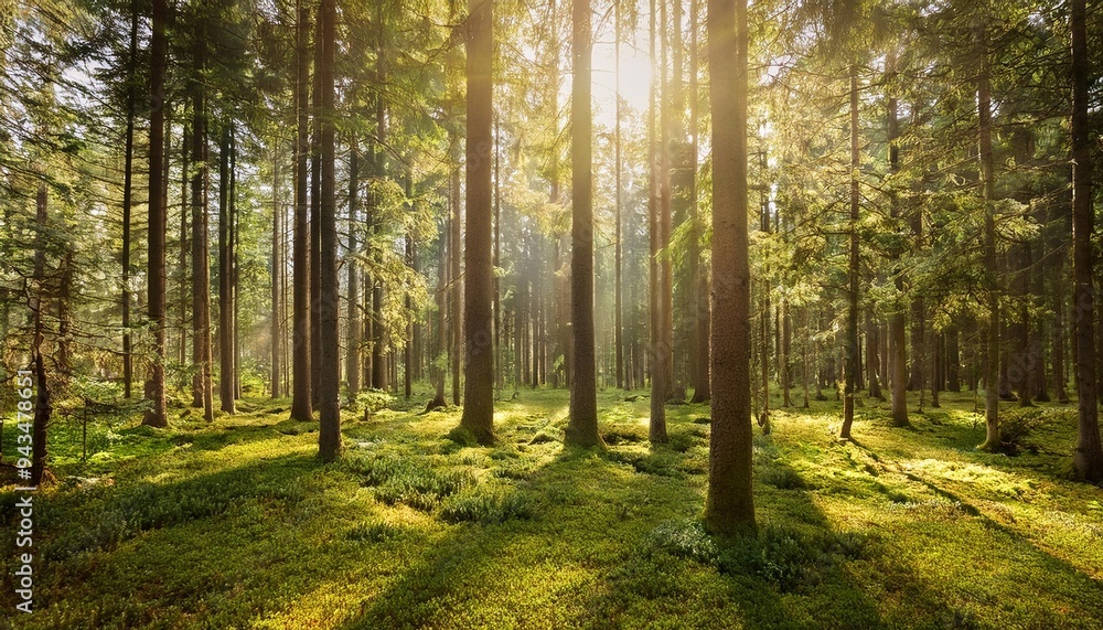 Obraz premium beautiful sunny forest opening with scattered trees