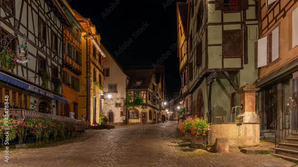 A beautiful night alsacian architecture pic taken in Riquewihr in France on August 20th 2024 A beautiful night alsacian architecture pic taken in Riquewihr in France on August 20th 2024