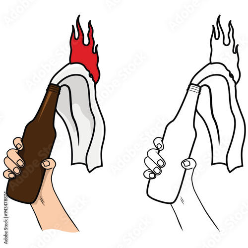 Hand holding molotov vector illustration. Molotov with fire for logo, label, emblem, sign, badge.	
