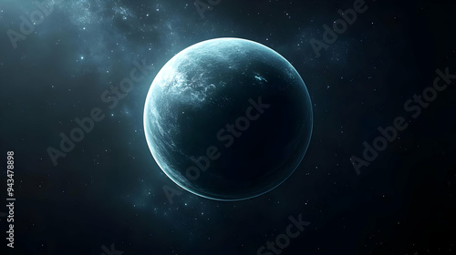 A blue planet with a dark surface, surrounded by a vast starry sky.