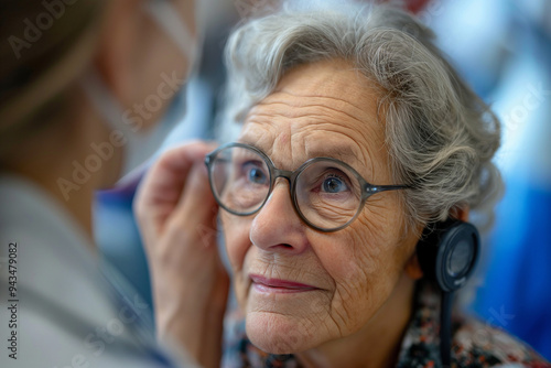 Ophthalmologist. An ophthalmologist checks the vision of a middle-aged woman in a modern clinic. Doctor and patient during a medical examination in an ophthalmology clinic. Concept health.