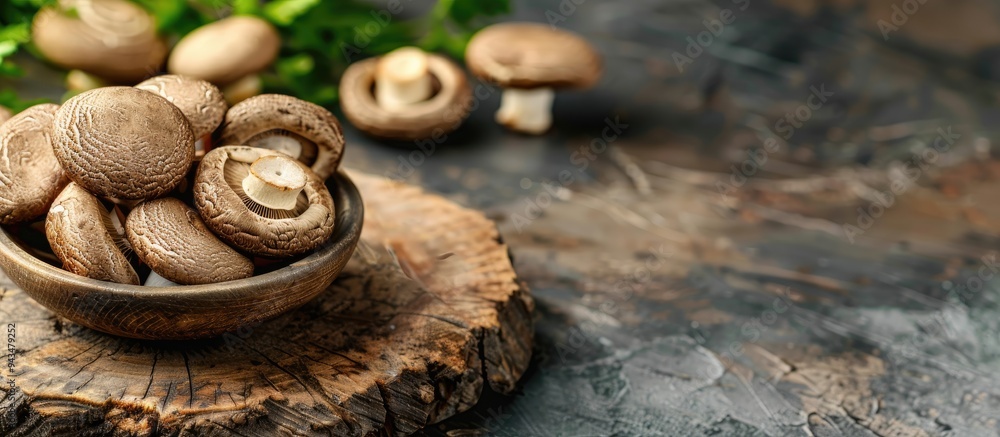 Shiitake dried mushroom dish displayed on a rustic tabletop with a food background ideal for keto paleo vegetarian or vegan diets with copy space image Shiitake dried mushroom dish displayed on a rustic tabletop with a food background ideal for keto paleo vegetarian or vegan diets with copy space image