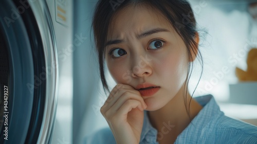 Concerned Woman in Laundry Room photo