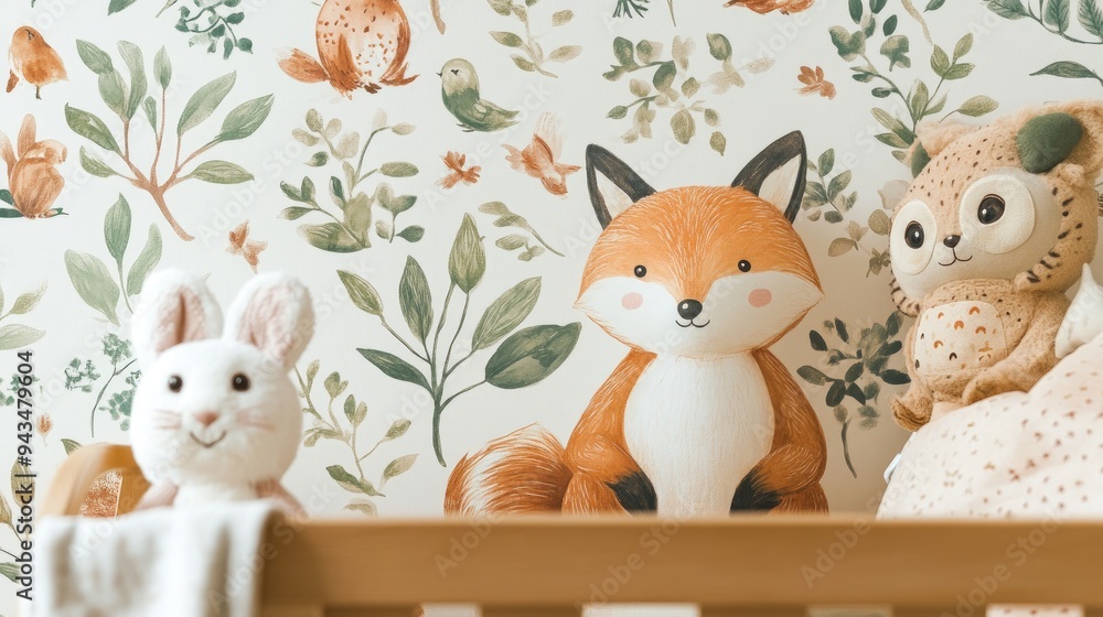 Fototapeta premium Charming woodland creatures wallpaper featuring foxes, rabbits, and owls, ideal for a cozy and nature-inspired nursery.