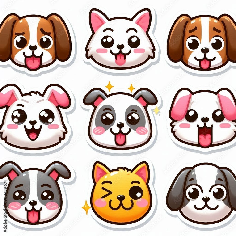 Fototapeta premium 4 sticker face expression, cartoon, animal, white background