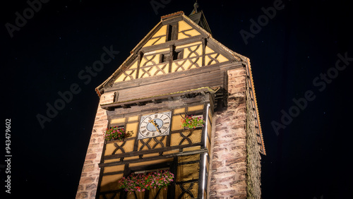 A beautiful night alsacian architecture pic taken in Riquewihr in France on August 20th 2024 photo