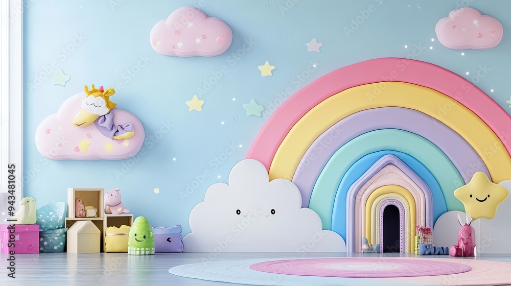 Playful rainbow and cloud wallpaper with soft pastel colors, perfect for adding a cheerful and vibrant touch to a child's room. Playful rainbow and cloud wallpaper with soft pastel colors, perfect for adding a cheerful and vibrant touch to a child's room.