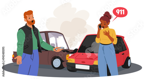 Scared Woman Calling 911 After A Car Accident. Male And Female Driver Characters Stand In Front Of Two Damaged Cars