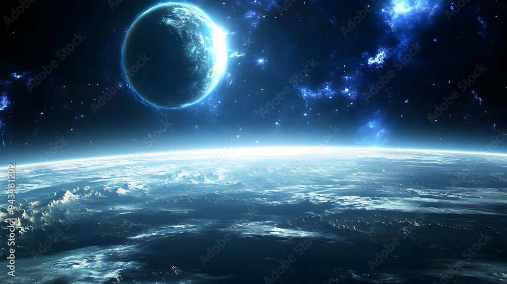 A blue planet with a ring of clouds orbiting a distant star in the cosmic space. A blue planet with a ring of clouds orbiting a distant star in the cosmic space.