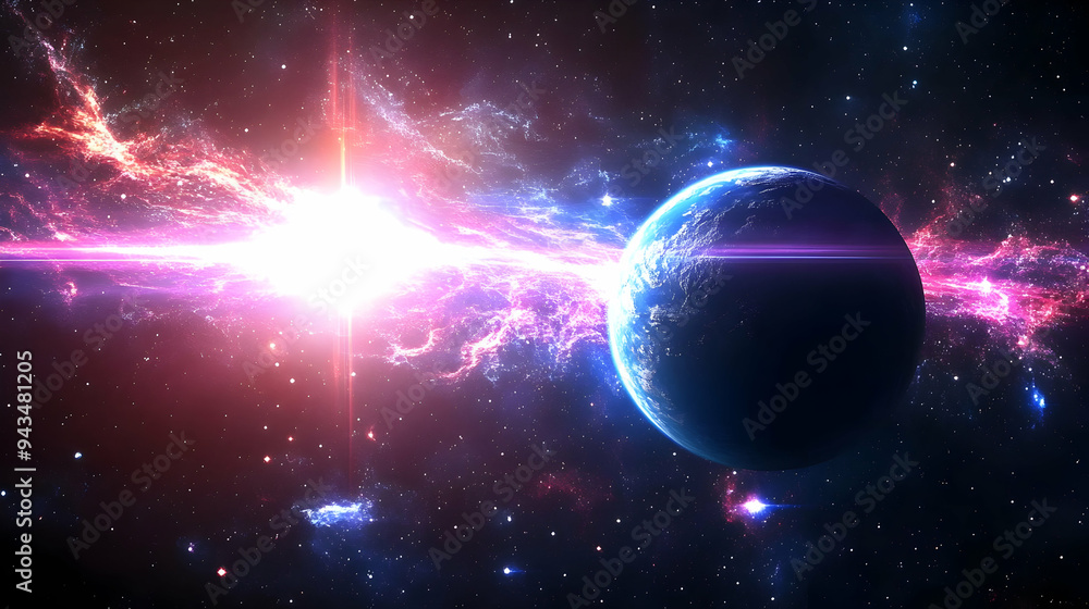 A blue planet with a ring of light, surrounded by a bright, glowing nebula in a dark space. A blue planet with a ring of light, surrounded by a bright, glowing nebula in a dark space.