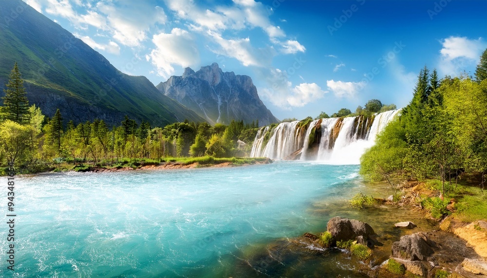 majestic powerful waterfall wallpaper a landscape mountains trees and a river under a blue sky majestic powerful waterfall wallpaper a landscape mountains trees and a river under a blue sky