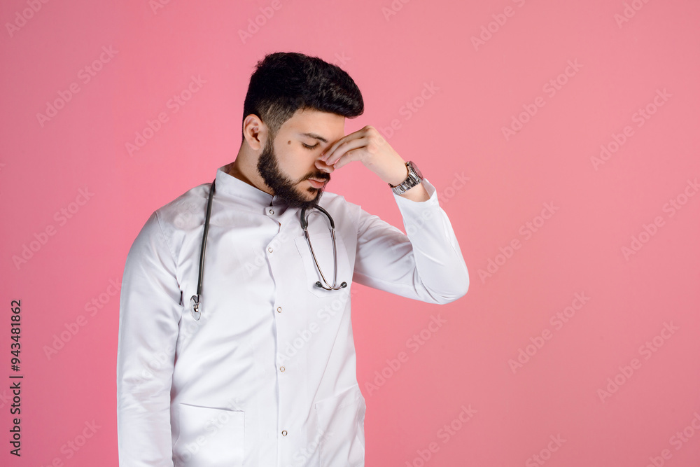 Side view of tired male doctor wearing white uniform, standing with closed eyes, touching nose. Isolated on pink studio background. Side view of tired male doctor wearing white uniform, standing with closed eyes, touching nose. Isolated on pink studio background.