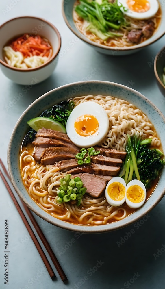 Delicious Japanese Ramen with chicken, Mushrooms, Eggs, noodles, meat in bowl Delicious Japanese Ramen with chicken, Mushrooms, Eggs, noodles, meat in bowl