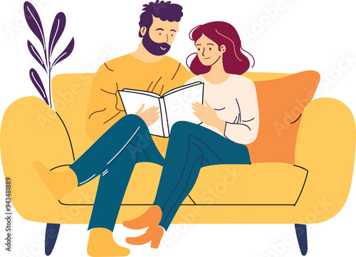Married couple at home. A man and a woman are sitting on the sofa with a book. Hobbies and leisure, recreation. Comfort and coziness in an apartment or house. Happy couple spending time together. Line