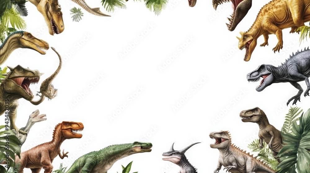 dinosaurs at edges in circle, blank white in the center of page, white background, copy and text spac,e 16:9 dinosaurs at edges in circle, blank white in the center of page, white background, copy and text spac,e 16:9