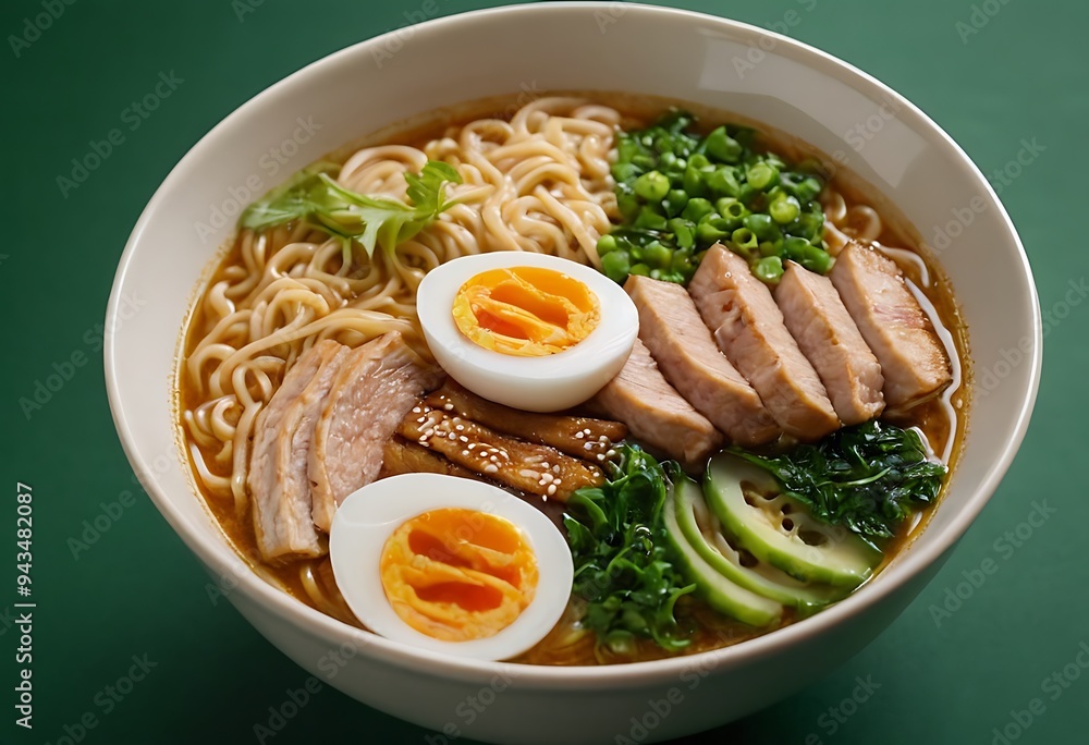 Delicious Japanese Ramen with chicken, Mushrooms, Eggs, noodles, meat in bowl Delicious Japanese Ramen with chicken, Mushrooms, Eggs, noodles, meat in bowl
