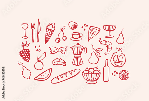 Mediterranean food hand drawn vector illustrations. La dolce vita sketch style