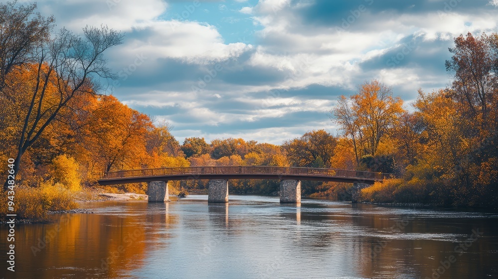 Fototapeta premium A bridge crossing a river, surrounded by autumn trees, with the sky overhead.