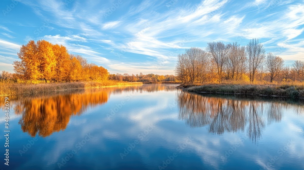 A calm river reflecting the warm colors of autumn trees and the cool blue sky. A calm river reflecting the warm colors of autumn trees and the cool blue sky.