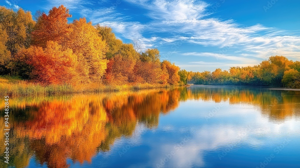 A calm river reflecting the warm colors of autumn trees and the cool blue sky. A calm river reflecting the warm colors of autumn trees and the cool blue sky.