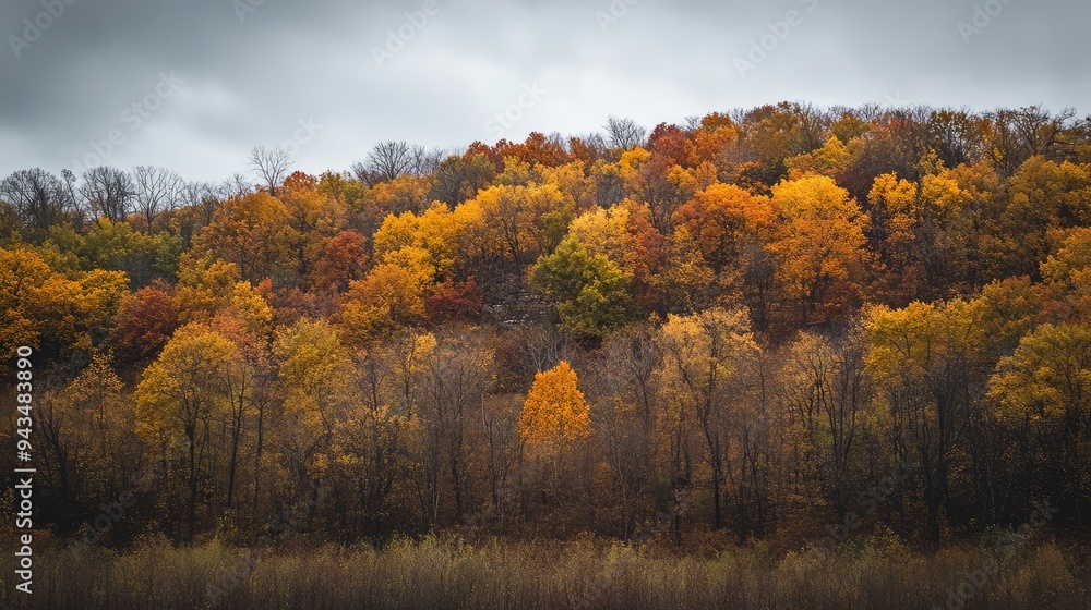 A hillside covered in autumn trees, with the sky peeking through the branches. A hillside covered in autumn trees, with the sky peeking through the branches.