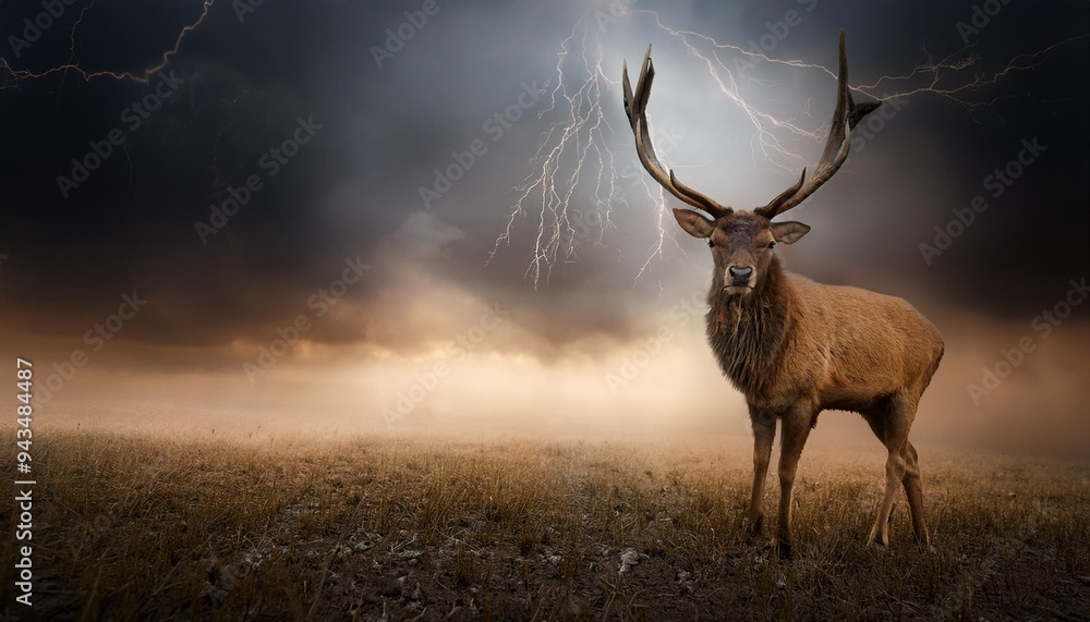 Obraz premium surreal deer with a doom sky and dark energy generative ai