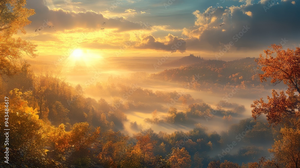 A misty autumn morning with the sun breaking through, illuminating the earth below. A misty autumn morning with the sun breaking through, illuminating the earth below.