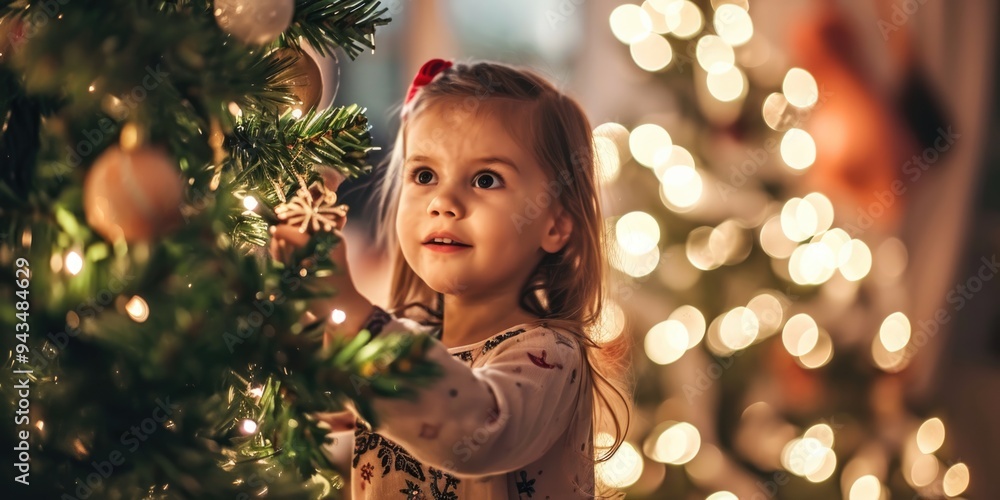 Merry Christmas Cheer: Young Girl Joyfully Decking the Halls with Holiday Decorations Merry Christmas Cheer: Young Girl Joyfully Decking the Halls with Holiday Decorations