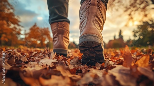 A pair of boots walking through fallen autumn leaves, with the sky in the distance.