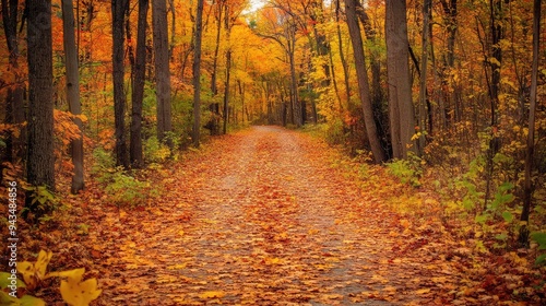 A pathway through the woods, covered in autumn leaves, with the sky peeking through the trees.