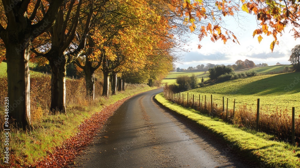 Naklejka premium A quiet country lane lined with autumn trees, leading towards the horizon under the sky.