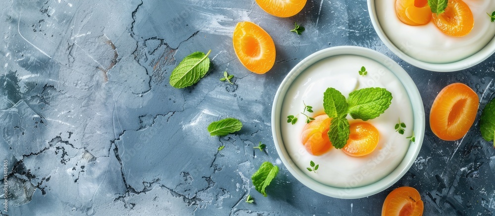 Healthy summer breakfast dessert featuring curd or yogurt topped with apricot slices and mint on a grey stone backdrop with fresh apricots offering copy space image Healthy summer breakfast dessert featuring curd or yogurt topped with apricot slices and mint on a grey stone backdrop with fresh apricots offering copy space image