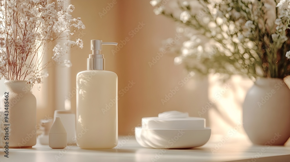 Beige skincare bottle mockup in soft light - warm and soothing product presentation Beige skincare bottle mockup in soft light - warm and soothing product presentation